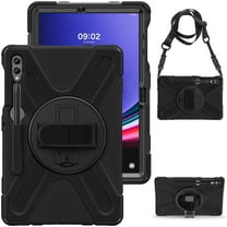 For Samsung Galaxy Tab S10 Plus/S9 FE /S9 Plus Case 12.4 inch SM-X820/SM-X610/SM-X810, 360 Hand Strap, Shoulder Strap, Kickstand, Rugged Drop Protection, Black