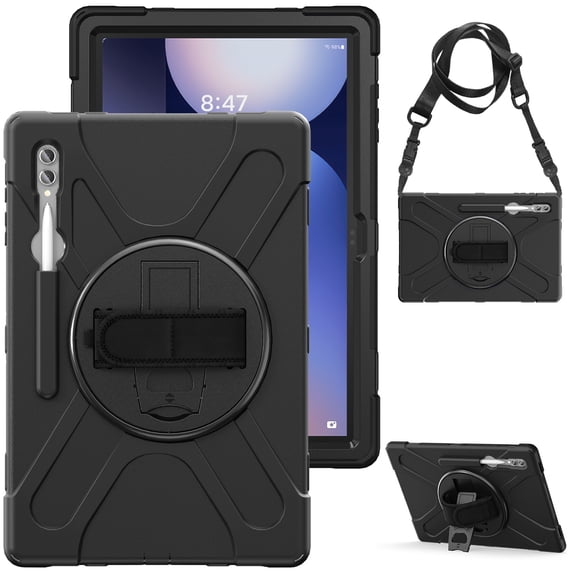 For Samsung Galaxy Tab S10 Ultra/S9 Ultra/S8 Ultra Case 14.6 inch SM-X920/SM-X910/SM-X900, 360 Hand Strap, Shoulder Strap, Kickstand, Rugged Drop Protection, Black