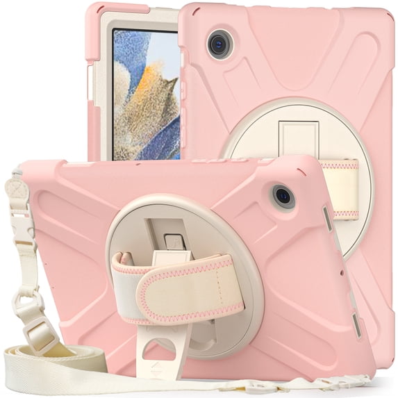 For Samsung Galaxy Tab A8 Case 10.5 inch SM-X200/X205/X207, 360 Hand Strap, Shoulder Strap, Kickstand, Rugged Drop Protection, Cherry Pink