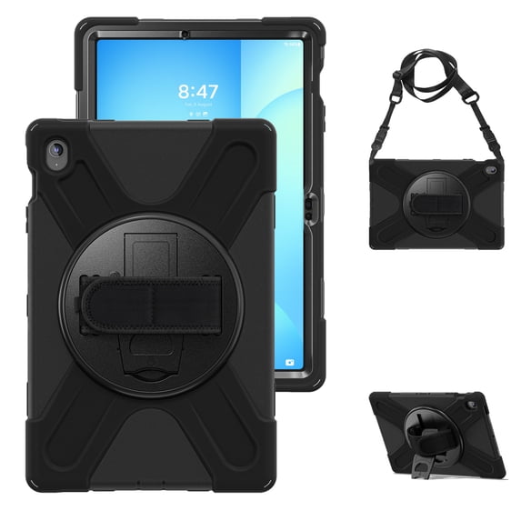 For Samsung Galaxy Tab S10 FE+ Case 13.1 inch SM-X620/SM-X626B, 360 Hand Strap, Shoulder Strap, Kickstand, Rugged Drop Protection, Black