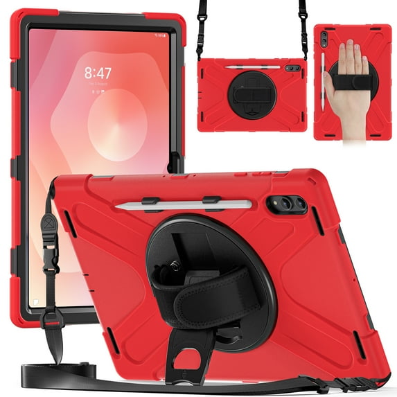 For Samsung Galaxy Tab S11 Ultra Case 14.6 inch SM-X930/SM-X936B, 360 Hand Strap, Shoulder Strap, Kickstand, Rugged Drop Protection, Red