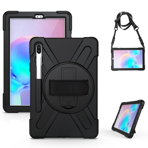 For Samsung Galaxy Tab S6 Case 10.5 inch SM-T860/T865/T867, 360 Hand Strap, Shoulder Strap, Kickstand, Rugged Drop Protection, Black