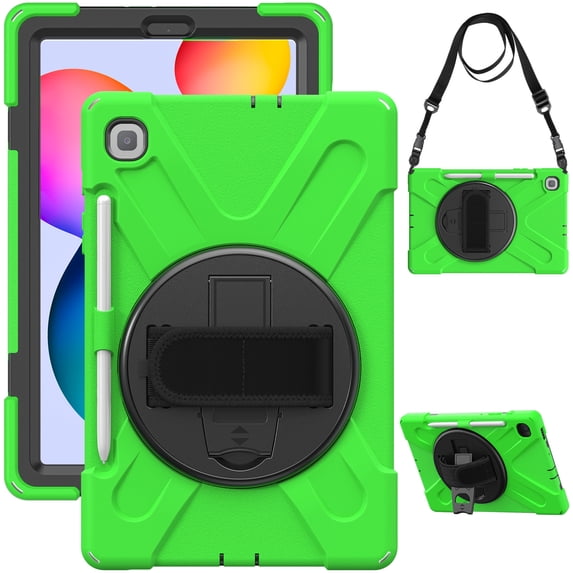 for Samsung Galaxy Tab S6 Lite Case 10.4 inch SM-P610/P613/P615/P619, 360 Hand Strap, Shoulder Strap, Kickstand, Rugged Drop Protection, Green