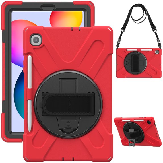for Samsung Galaxy Tab S6 Lite Case 10.4 inch SM-P610/P613/P615/P619, 360 Hand Strap, Shoulder Strap, Kickstand, Rugged Drop Protection, Red