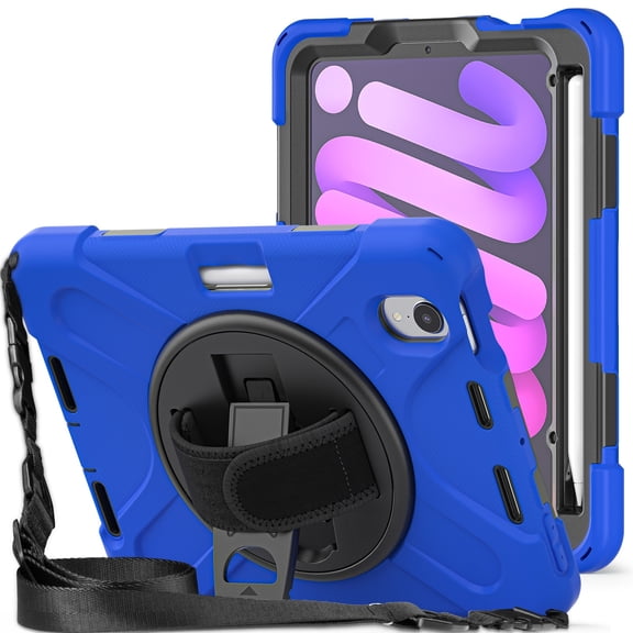 For iPad Mini 7th/6th Generation Case 8.3 inch 2024/2021, 360 Hand Strap, Shoulder Strap, Kickstand, Rugged Drop Protection, Blue