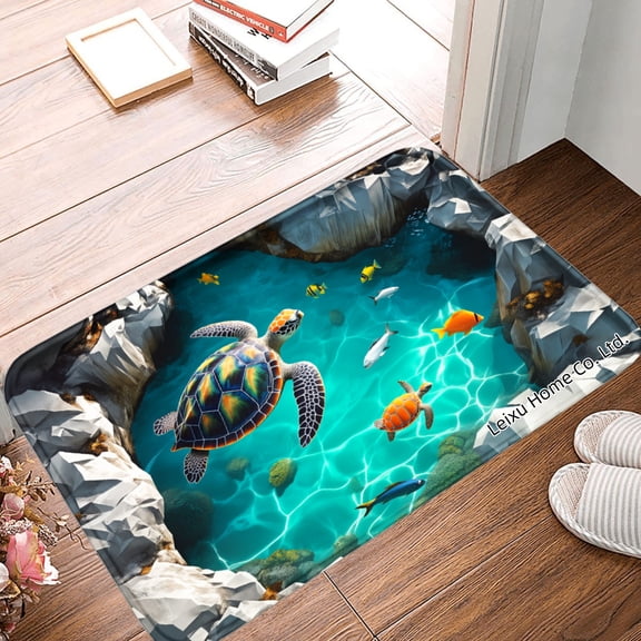 FJPT 3D Sea Turtle Ocean Scene Non Slip Flannel Floor Mat Kitchen Mat For Bathroom Kitchen Bedroom Decor 24x16 inch