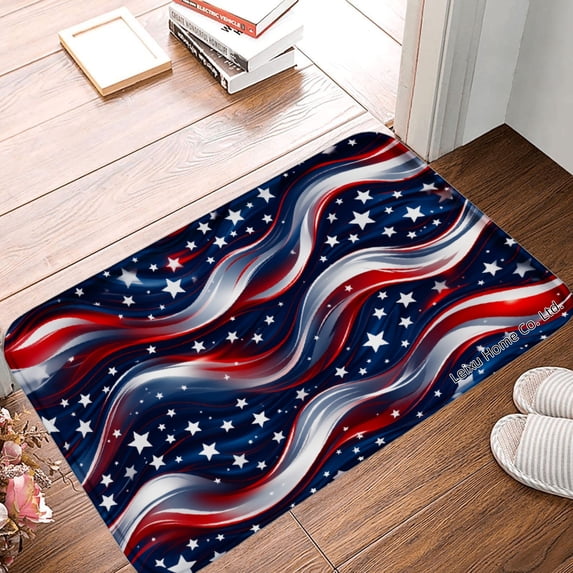 FJPT American Flag Wavy Design Non Slip Flannel Polyester Floor Mat For Bathroom Kitchen Bedroom Decor 16x24 inch