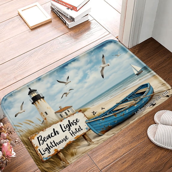 FJPT Beach Lighthouse Hotel Non Slip Flannel Polyester Floor Mat For Bathroom Kitchen Bedroom Decor 16x24 inch