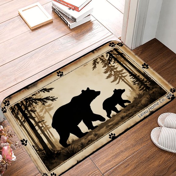 FJPT Bear Family Forest Scene Non Slip Flannel Polyester Floor Mat For Bathroom Kitchen Bedroom Decor 16x24 inch