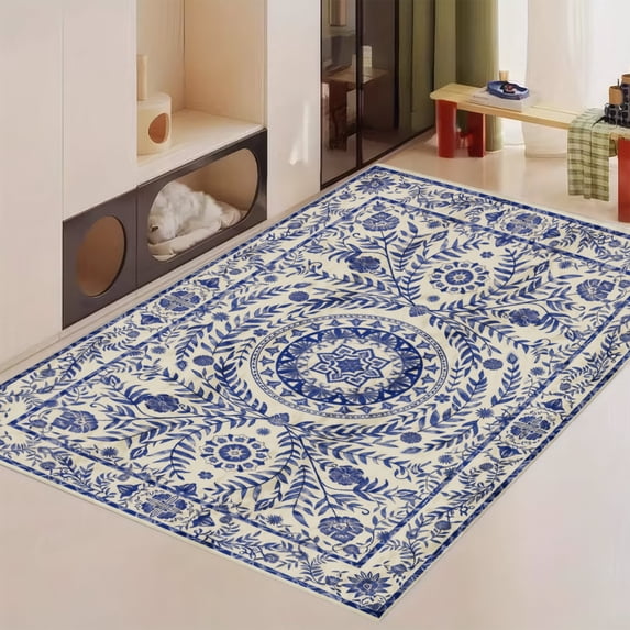FJPT Blue And White Floral Pattern Soft Small Area Rugs Non Slip Indoor Floor Carpet for Living Room Bedroom Decor