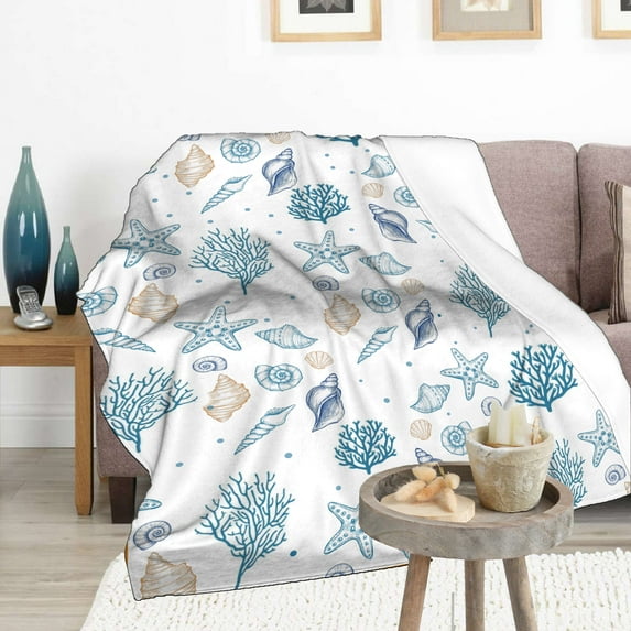 FJPT Conch Flannel Bed Blanket Cartoon Blue Cozy Soft Plush Blanket Suitable For Bed SofaLiving Room Sofa Chair And Christmas Gift