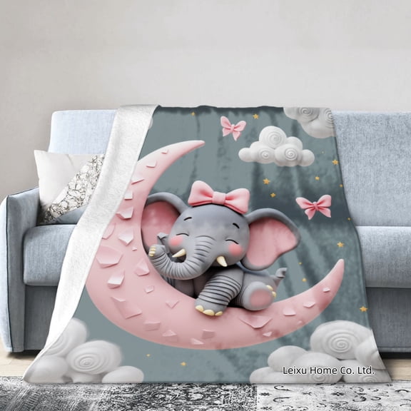 FJPT Cute Elephant On Moon Flannel Blanket For Winter Gift Home Sofa Bed Decoration 40x50 inch