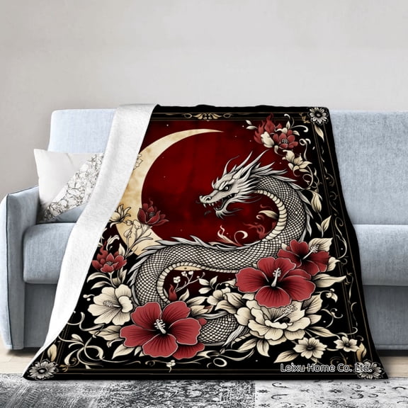 FJPT Dragon And Floral Design Fleece Blanket For Winter Gift Home Sofa Bed Decoration 60x80 inch