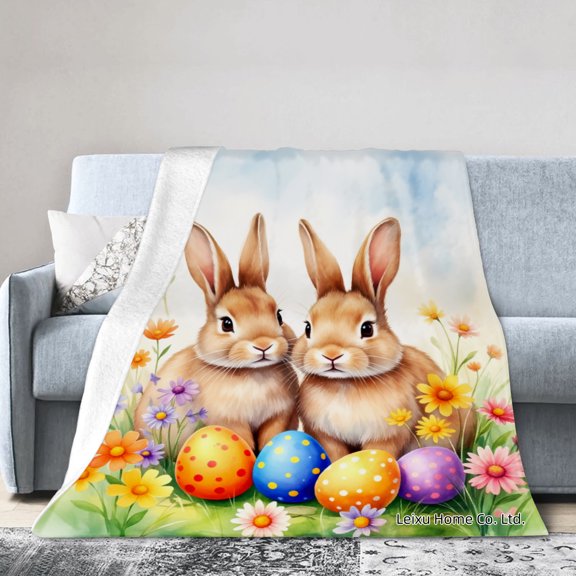 FJPT Easter Bunny And Colorful Eggs Flannel Blanket For Winter Gift Home Sofa Bed Decoration 40x50 inch
