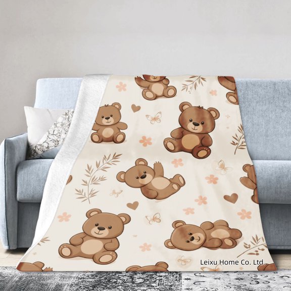 FJPT Flannel Blanket Cute Teddy Bear Pattern Soft Warm Throw For Winter Gift Home Sofa Bed Decoration 40x50 inch