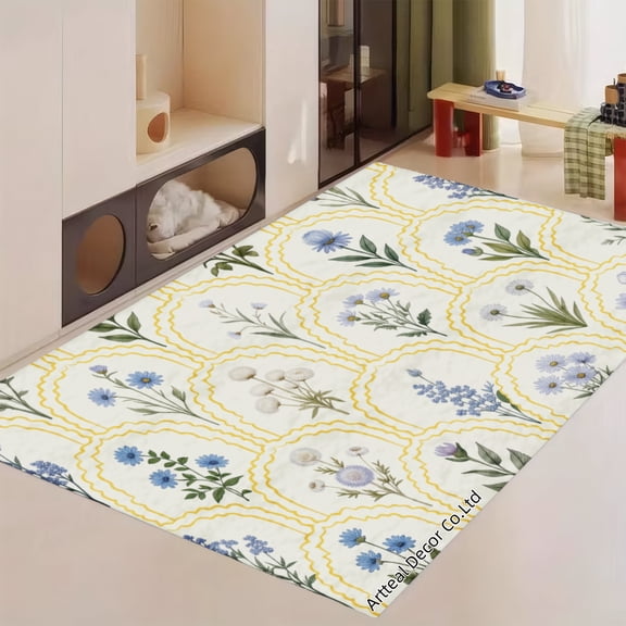 FJPT Floral Pattern With Yellow Circles Soft Small Area Rugs Non Slip Indoor Floor Carpet for Living Room Bedroom Decor 63x39.4 inch