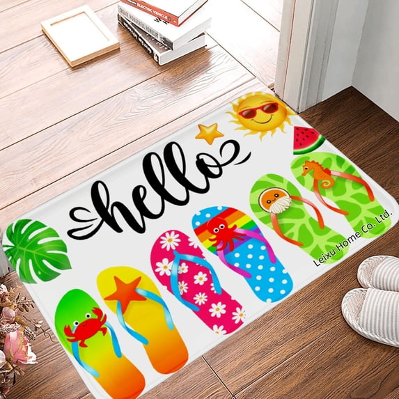 FJPT Hello Summer Flip Flops And Sun Design Non Slip Flannel Polyester Floor Mat For Bathroom Kitchen Bedroom Decor 31.5x19.7 inch