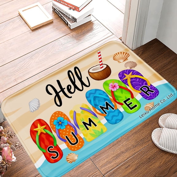 FJPT Hello Summer Flip Flops Coconut Drink Non Slip Flannel Polyester Floor Mat For Bathroom Kitchen Bedroom Decor 16x24 inch