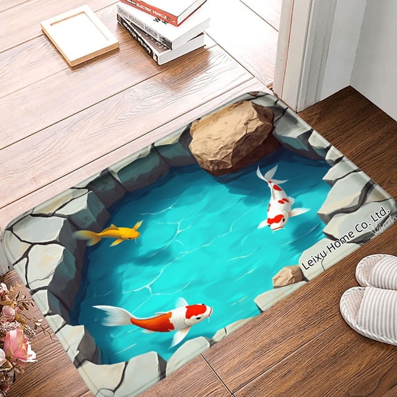 FJPT Koi Fish Pond Design Non Slip Flannel Floor Mat Kitchen Mat For Bathroom Kitchen Bedroom Decor 24x16 inch