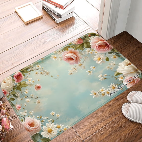 FJPT Non Slip Flannel Floor Mat Kitchen Mat Floral Design For Bathroom Kitchen Bedroom Decor 31.5x19.7 inch