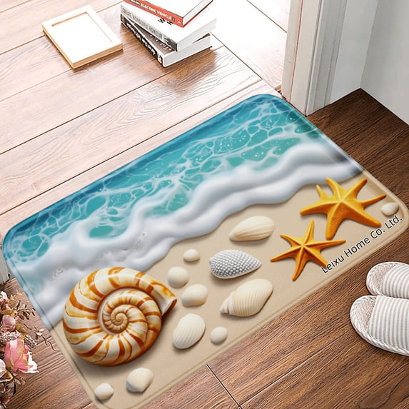 FJPT Non Slip Flannel Polyester Floor Mat Beach Theme With Seashells And Starfish For Bathroom Kitchen Bedroom Decor 16x24 inch