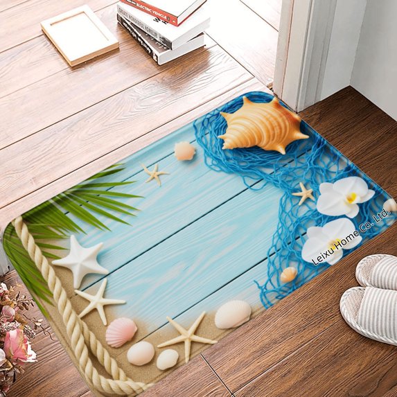 FJPT Non Slip Flannel Polyester Floor Mat Beach Theme With Seashells Starfish And Rope Design For Bathroom Kitchen Bedroom Decor 31.5x19.7 inch