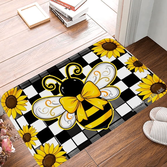 FJPT Non Slip Flannel Polyester Floor Mat Bee And Sunflower Design For Bathroom Kitchen Bedroom Decor 31.5x19.7 inch