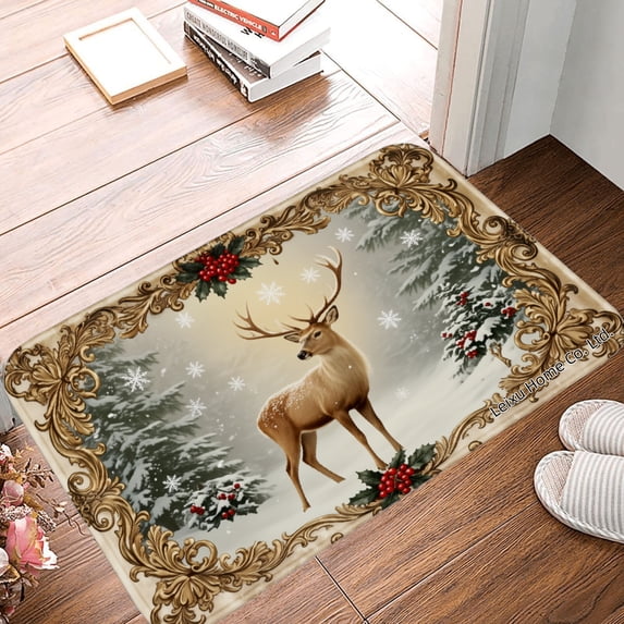 FJPT Non Slip Flannel Polyester Floor Mat Christmas Deer Design With Snowflakes And Holly For Bathroom Kitchen Bedroom Decor 16x24 inch