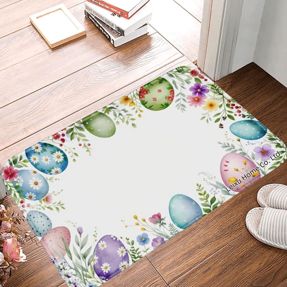 FJPT Non Slip Flannel Polyester Floor Mat Easter Eggs Flowers Design For Bathroom Kitchen Bedroom Decor 16x24 inch