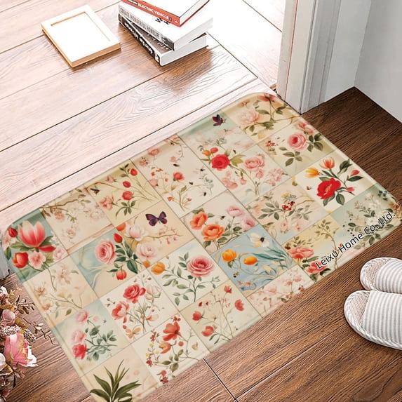 FJPT Non Slip Flannel Polyester Floor Mat Floral Pattern Decorative Rug For Bathroom Kitchen Bedroom Decor 16x24 inch