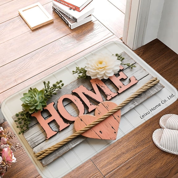 FJPT Non Slip Flannel Polyester Floor Mat Home Decor With Wooden Letters And Flowers For Bathroom Kitchen Bedroom Decor 16x24 inch
