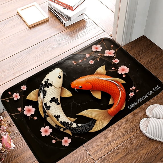 FJPT Non Slip Flannel Polyester Floor Mat Koi Fish And Cherry Blossom Design For Bathroom Kitchen Bedroom Decor 16x24 inch