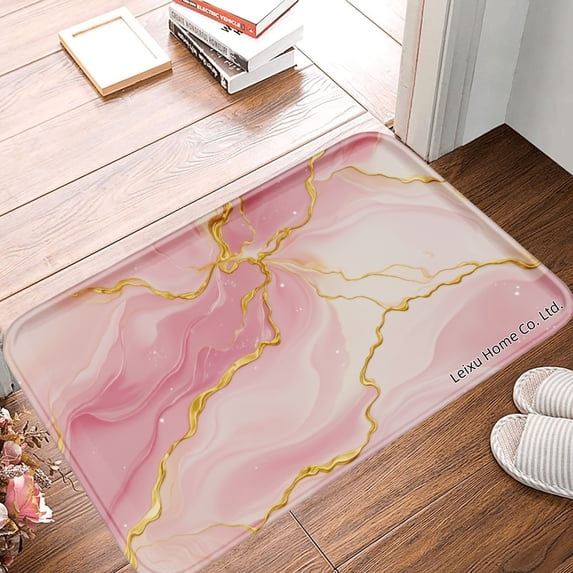 FJPT Non Slip Flannel Polyester Floor Mat Pink Gold Marble Design For Bathroom Kitchen Bedroom Decor 31.5x19.7 inch