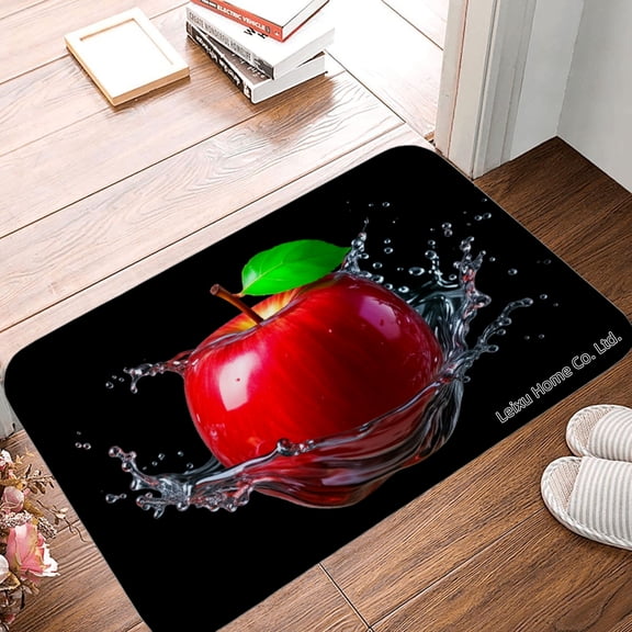 FJPT Non Slip Flannel Polyester Floor Mat Red Apple Water Splash Design For Bathroom Kitchen Bedroom Decor 16x24 inch