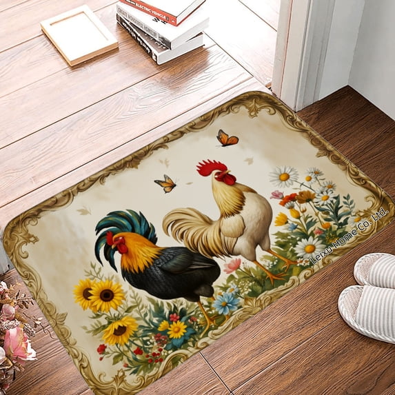 FJPT Non Slip Flannel Polyester Floor Mat Rooster And Flowers Design For Bathroom Kitchen Bedroom Decor 16x24 inch
