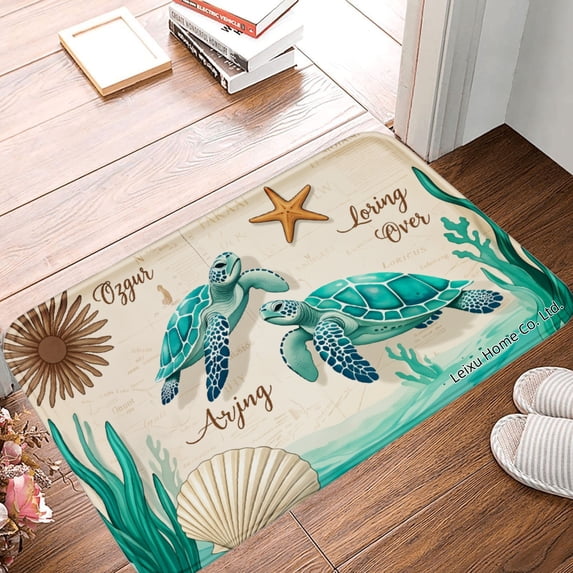 FJPT Non Slip Flannel Polyester Floor Mat Sea Turtle Design Loring Over Azur Arjing Decorative Rug For Bathroom Kitchen Bedroom 31.5x19.7 inch