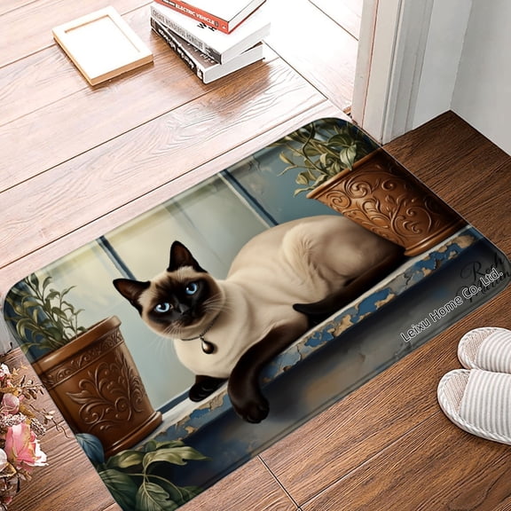 FJPT Non Slip Flannel Polyester Floor Mat Siamese Cat Design For Bathroom Kitchen Bedroom Decor 16x24 inch