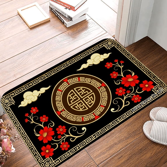 FJPT Non Slip Flannel Polyester Floor Mat With Traditional Chinese Design Red Flowers And Golden Patterns For Bathroom Kitchen Bedroom Decor 31.5x19.7 inch