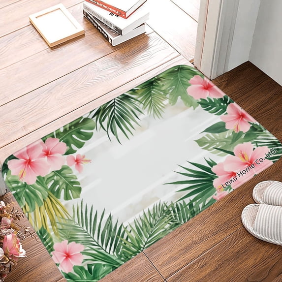 FJPT Non Slip Flannel Polyester Floor Mat Tropical Flower And Leaf Pattern For Bathroom Kitchen Bedroom Decor 31.5x19.7 inch