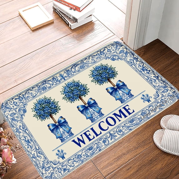 FJPT Non Slip Flannel Polyester Floor Mat Welcome Design With Blue Trees And Bows For Bathroom Kitchen Bedroom Decor 16x24 inch