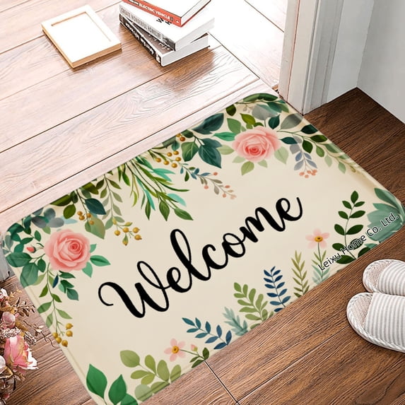 FJPT Non Slip Flannel Polyester Floor Mat Welcome Floral Design For Bathroom Kitchen Bedroom Decor 31.5x19.7 inch