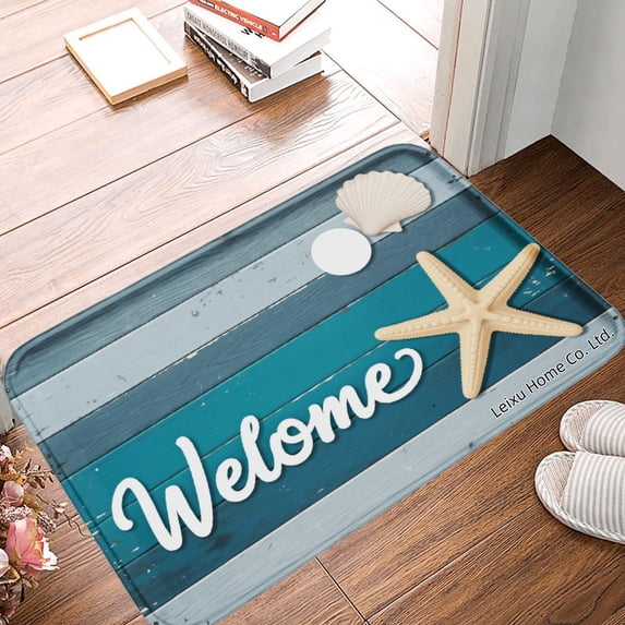 FJPT Non Slip Flannel Polyester Floor Mat Welcome Starfish Shell Design For Bathroom Kitchen Bedroom Decor 31.5x19.7 inch