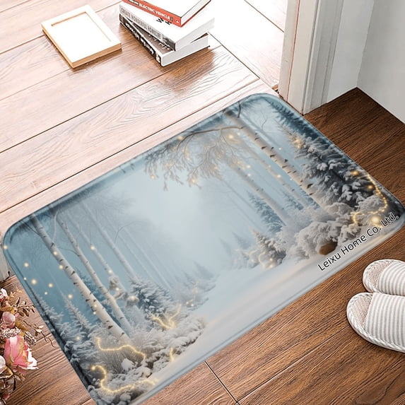 FJPT Non Slip Flannel Polyester Floor Mat Winter Forest Scene With Snowy Trees And Golden Lights For Bathroom Kitchen Bedroom Decor 16x24 inch