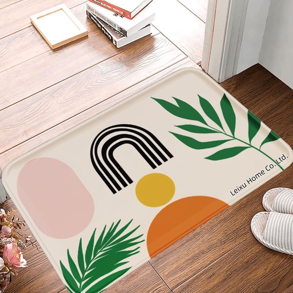 FJPT Non Slip Flannel Polyester Floor Mat With Abstract Design And Green Leaves For Bathroom Kitchen Bedroom Decor 31.5x19.7 inch
