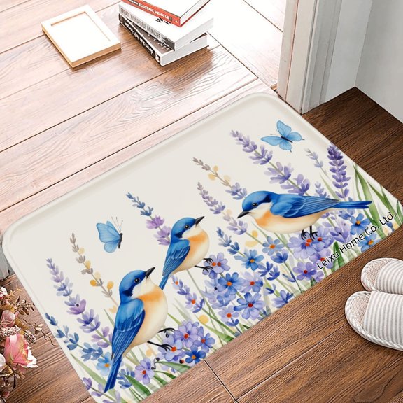 FJPT Non Slip Flannel Polyester Floor Mat With Blue Birds And Flowers Design For Bathroom Kitchen Bedroom Decor 16x24 inch