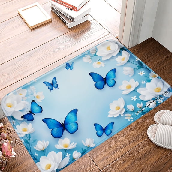 FJPT Non Slip Flannel Polyester Floor Mat With Blue Butterflies And White Flowers Design For Bathroom Kitchen Bedroom Decor 31.5x19.7 inch