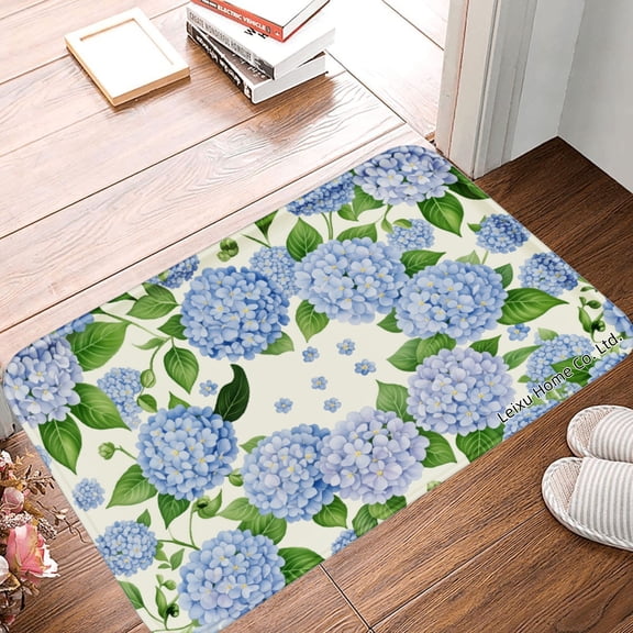 FJPT Non Slip Flannel Polyester Floor Mat With Blue Hydrangea Pattern For Bathroom Kitchen Bedroom Decor 16x24 inch