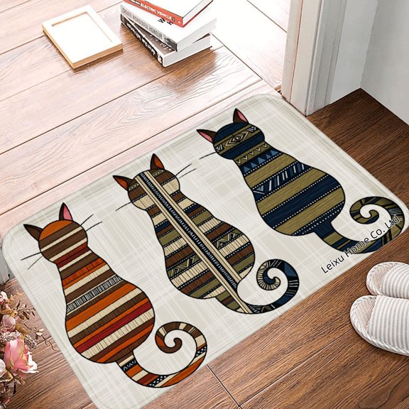 FJPT Non Slip Flannel Polyester Floor Mat With Cat Pattern For Bathroom Kitchen Bedroom Decor 16x24 inch