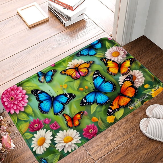 FJPT Non Slip Flannel Polyester Floor Mat With Colorful Butterflies And Flowers For Bathroom Kitchen Bedroom Decor 16x24 inch