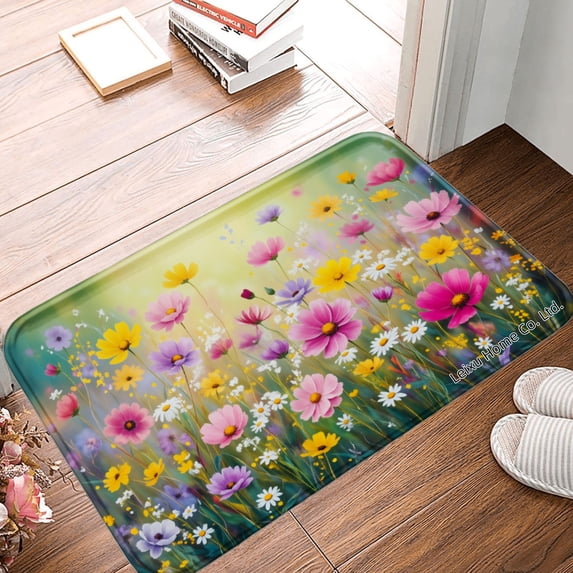 FJPT Non Slip Flannel Polyester Floor Mat With Colorful Flowers Design For Bathroom Kitchen Bedroom Decor 31.5x19.7 inch
